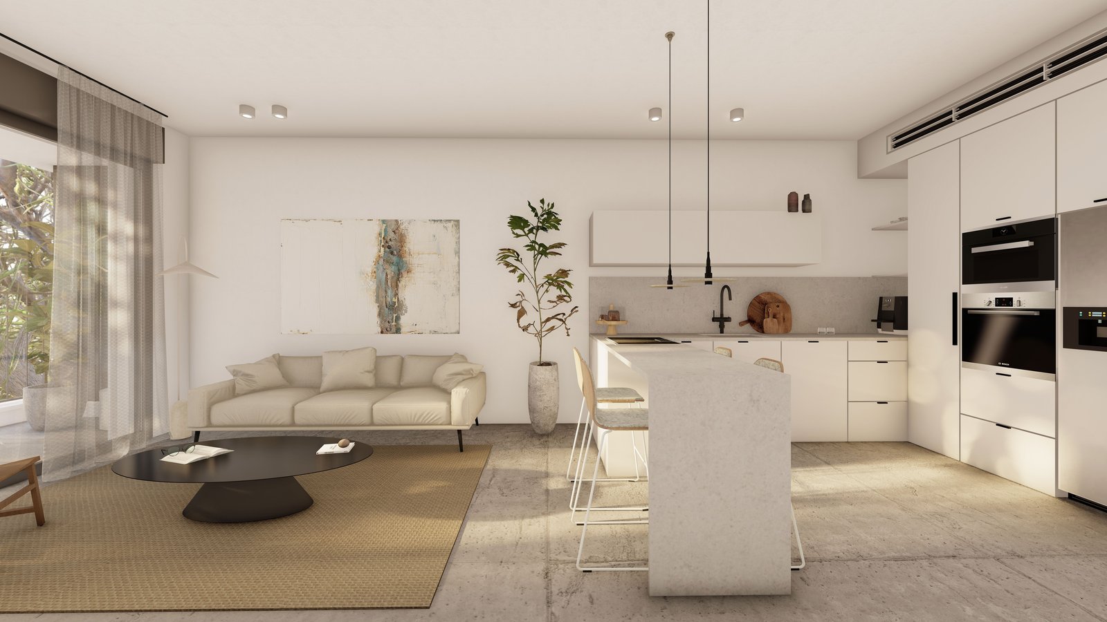 Séjour lumineux avec cuisine ouverte, appartement neuf projet Weizmann 55-57 à Holon