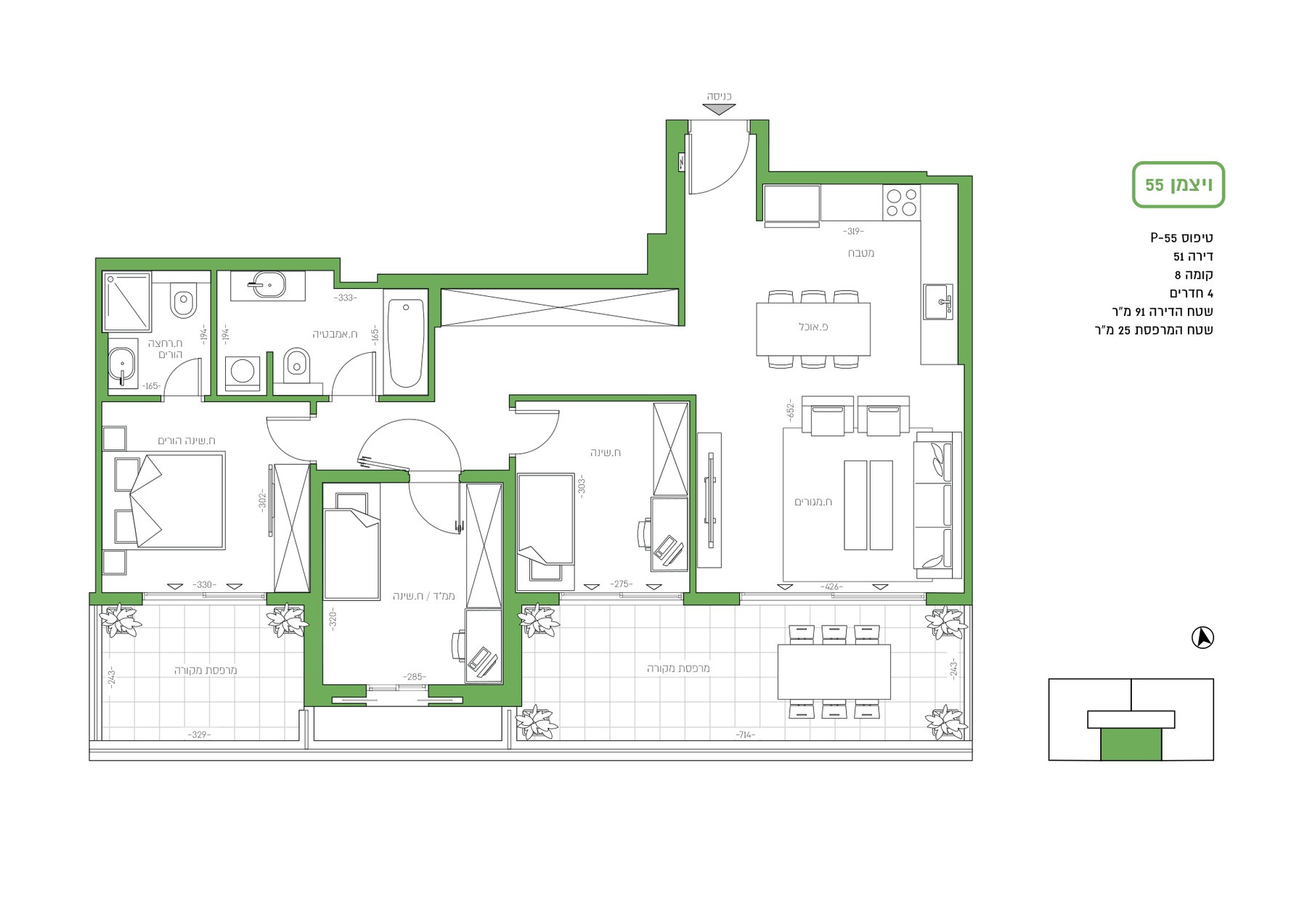 Plan appartement neuf 4 pièces 91 m² avec terrasse 25 m², Weizmann 55 Holon