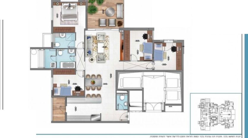 Plan appartement neuf 5 pieces 123 m2 avec balcon, vue mer, projet Halperin Tower Netanya