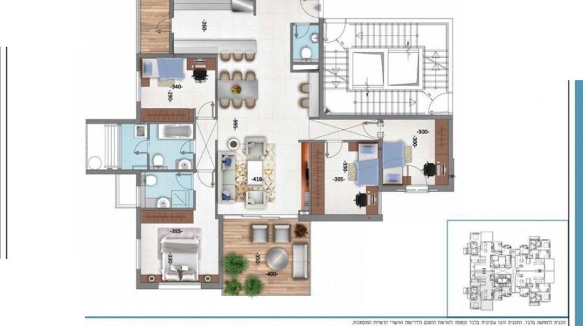 Plan appartement neuf 5 pieces 125 m2 avec balcon, vue mer, projet Halperin Tower Netanya