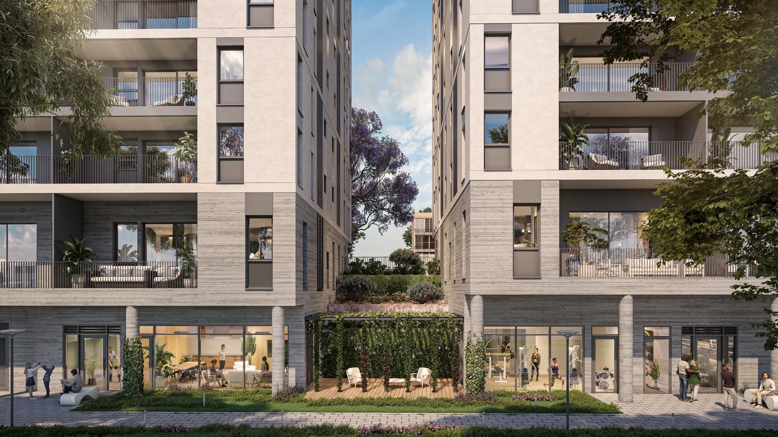 Club résidents et salle de sport en pied d'immeuble, projet neuf Agrobank Holon