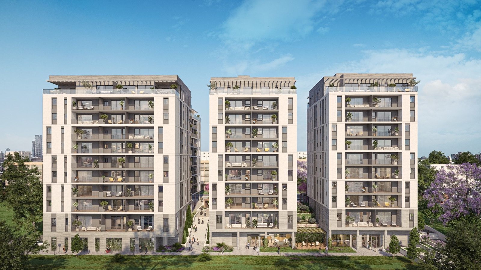 Façades des immeubles neufs de standing du quartier Agrobank à Holon
