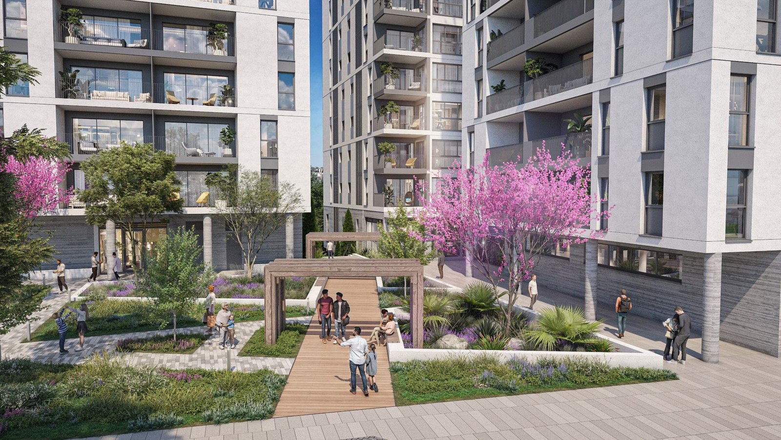 Jardin paysager central du projet neuf Agrobank à Holon, allées et pergola