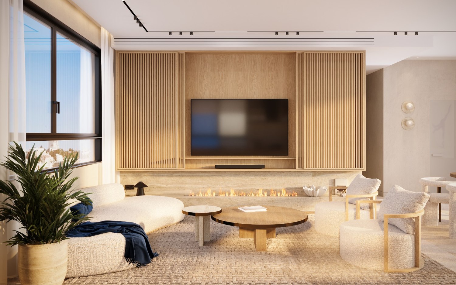 Salon design avec mur en bois et cheminée, appartement neuf Mekor Chaim Jérusalem
