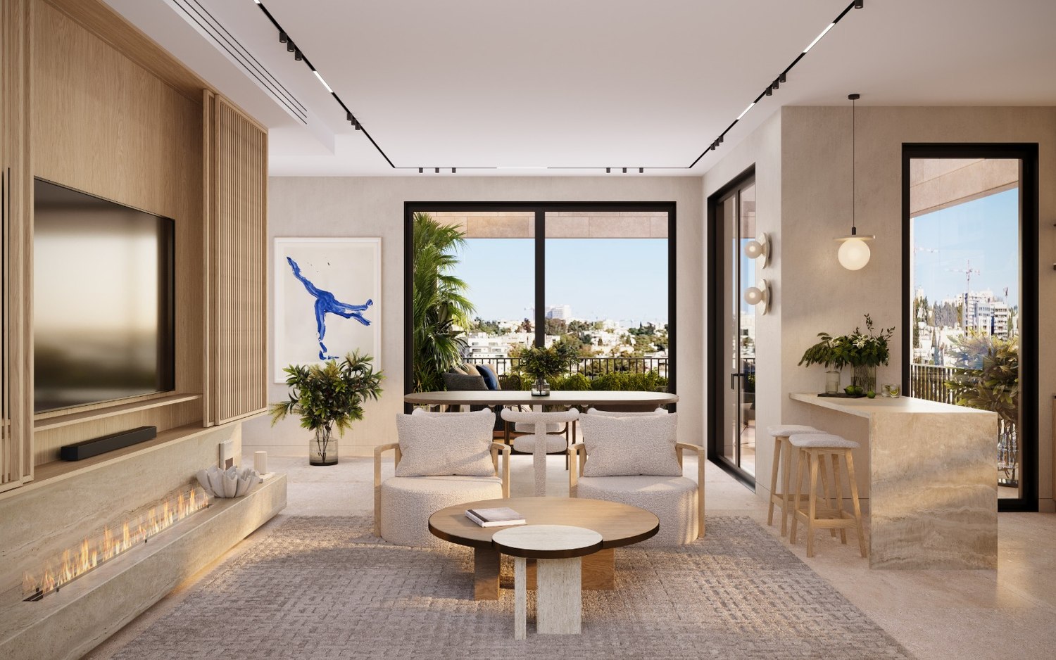 Séjour de standing avec cheminée et grande baie, appartement neuf Mekor Chaim Jérusalem
