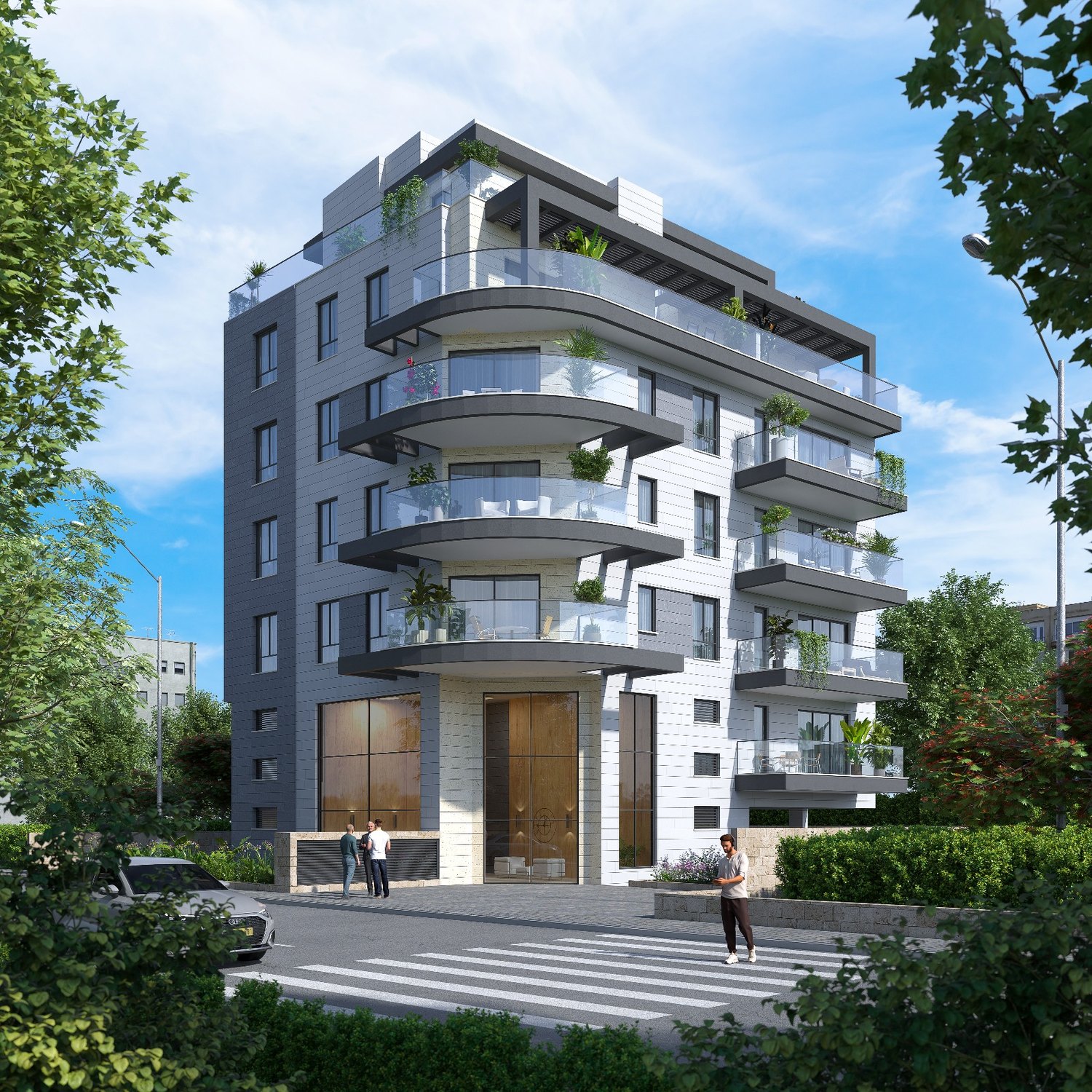 Immeuble neuf Armon HaNatziv à Netanya, vue d'angle avec balcons arrondis