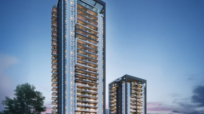 Projet Halperin Tower a Netanya, deux tours residentielles neuves de standing au crepuscule