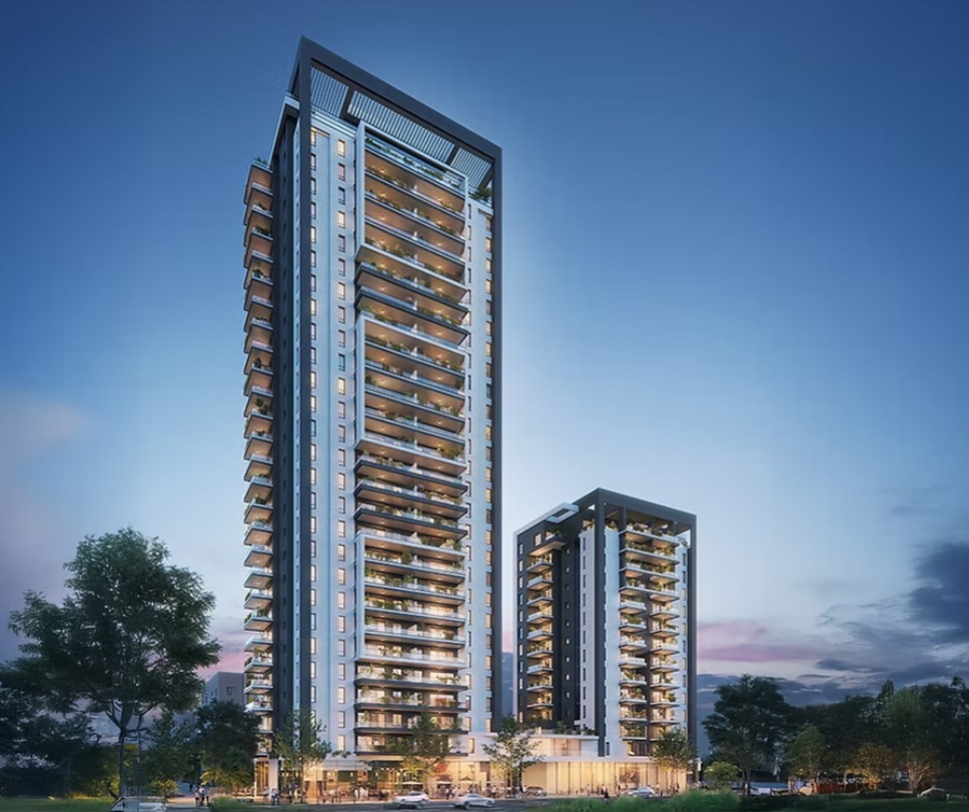 Projet Halperin Tower à Netanya, deux tours résidentielles neuves de standing au crépuscule