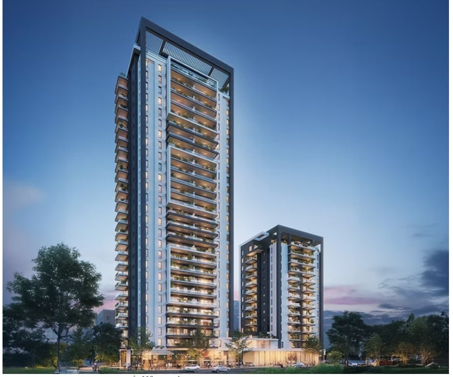 Projet Noya à Netanya, deux tours résidentielles neuves de standing au crépuscule