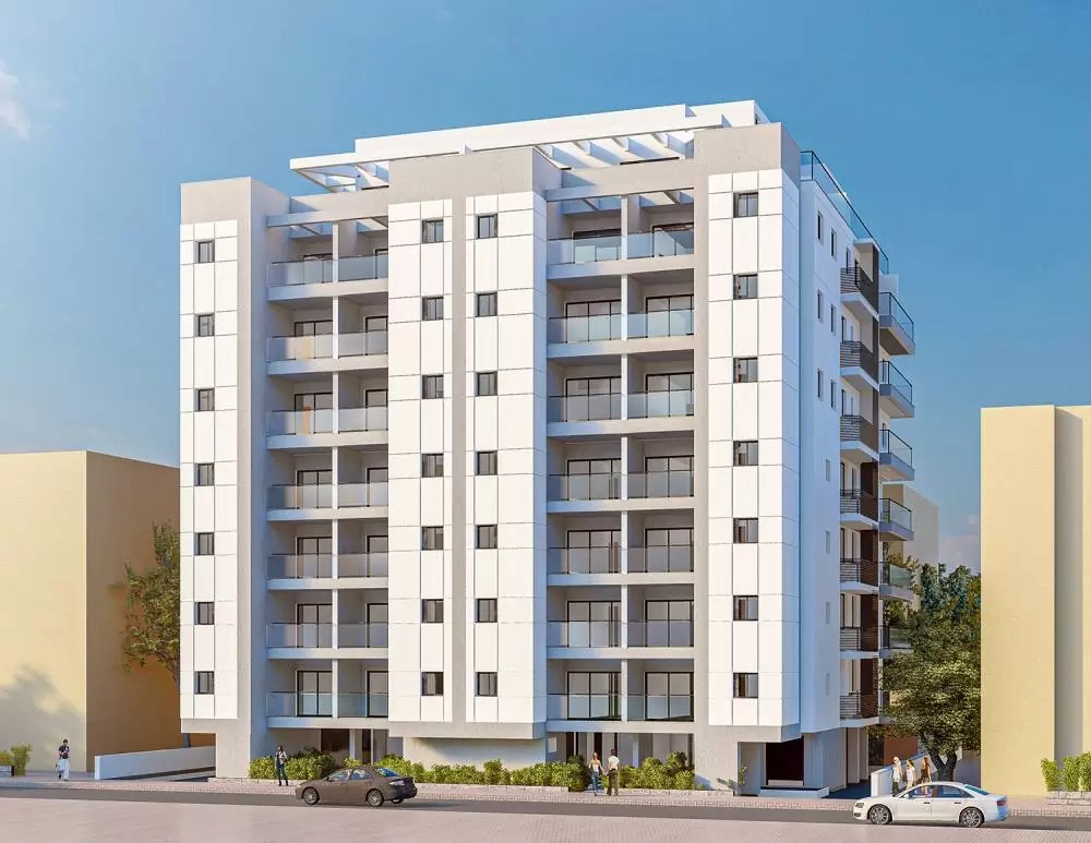 Rendu 3D de la façade du programme neuf Bar Yehuda à Bat Yam, immeuble résidentiel de 7 étages avec balcons