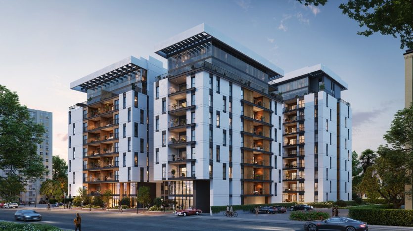 Rendu 3D au crepuscule du programme neuf Bialik a Holon, immeubles residentiels avec balcons et attiques