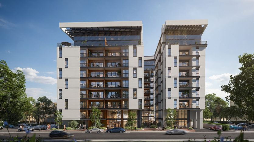 Rendu 3D de jour des facades du programme neuf Bialik a Holon, deux immeubles avec terrasses