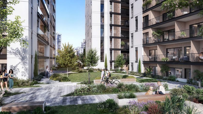Jardin paysager central du programme neuf Bialik a Holon, allees, bancs et vegetation entre les immeubles