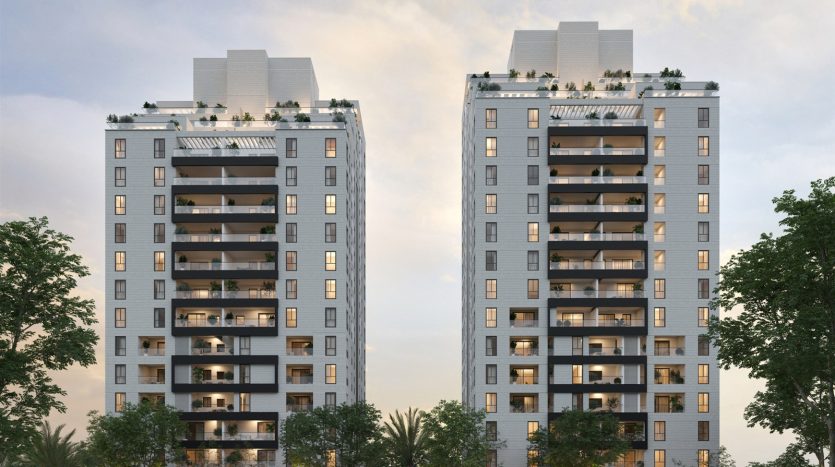 Rendu 3D des deux tours du programme neuf David a Netanya au crepuscule, rue David Raziel