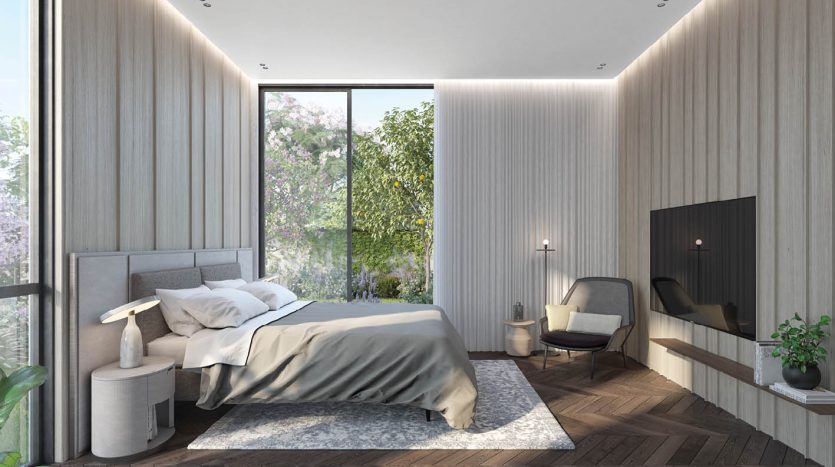 Chambre lumineuse ouverte sur le jardin, appartement-jardin neuf du programme Ezra HaSofer a Herzliya