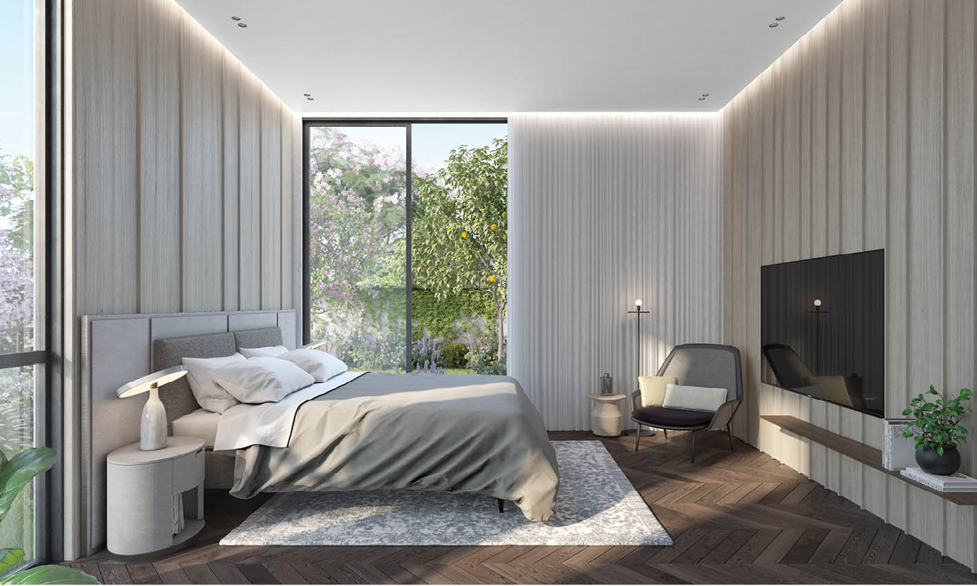 Chambre lumineuse ouverte sur le jardin, appartement-jardin neuf du programme Ezra HaSofer à Herzliya