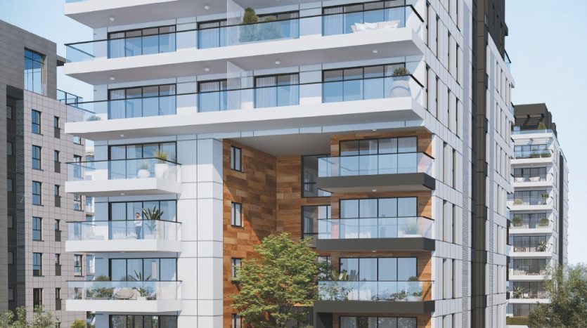 Rendu 3D de la facade du programme neuf Ezra HaSofer a Herzliya, immeuble boutique avec balcons