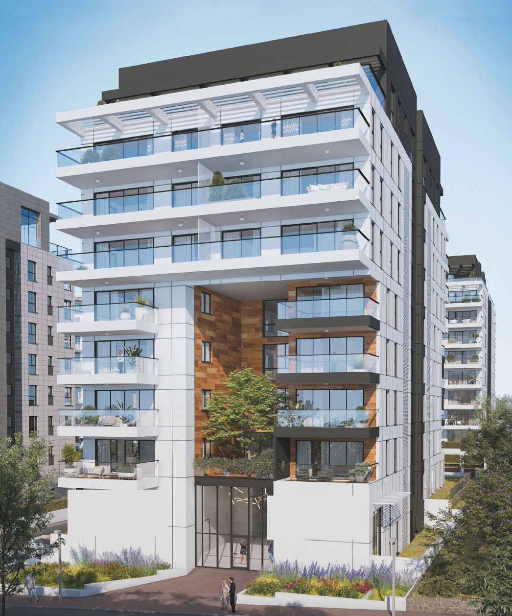 Rendu 3D de la façade du programme neuf Ezra HaSofer à Herzliya, immeuble boutique avec balcons