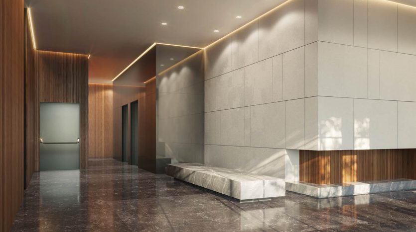 Lobby de standing en marbre et bois du programme neuf Ezra HaSofer a Herzliya