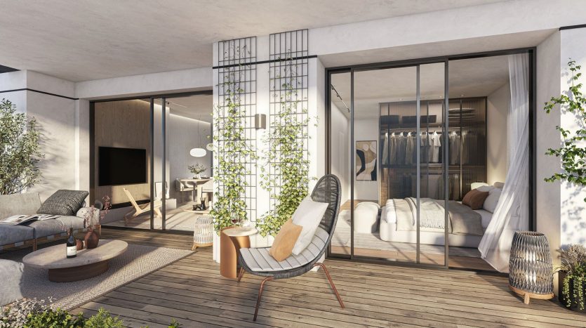 Rendu 3D de la terrasse d un appartement neuf 3 pieces du programme Garden Towers a Bat Yam, sejour et suite ouverts sur l exterieur