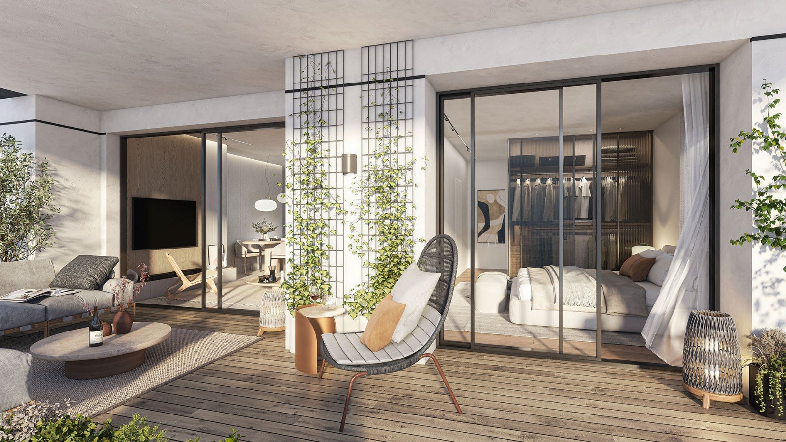 Rendu 3D de la terrasse d'un appartement neuf 3 pièces du programme Garden Towers à Bat Yam