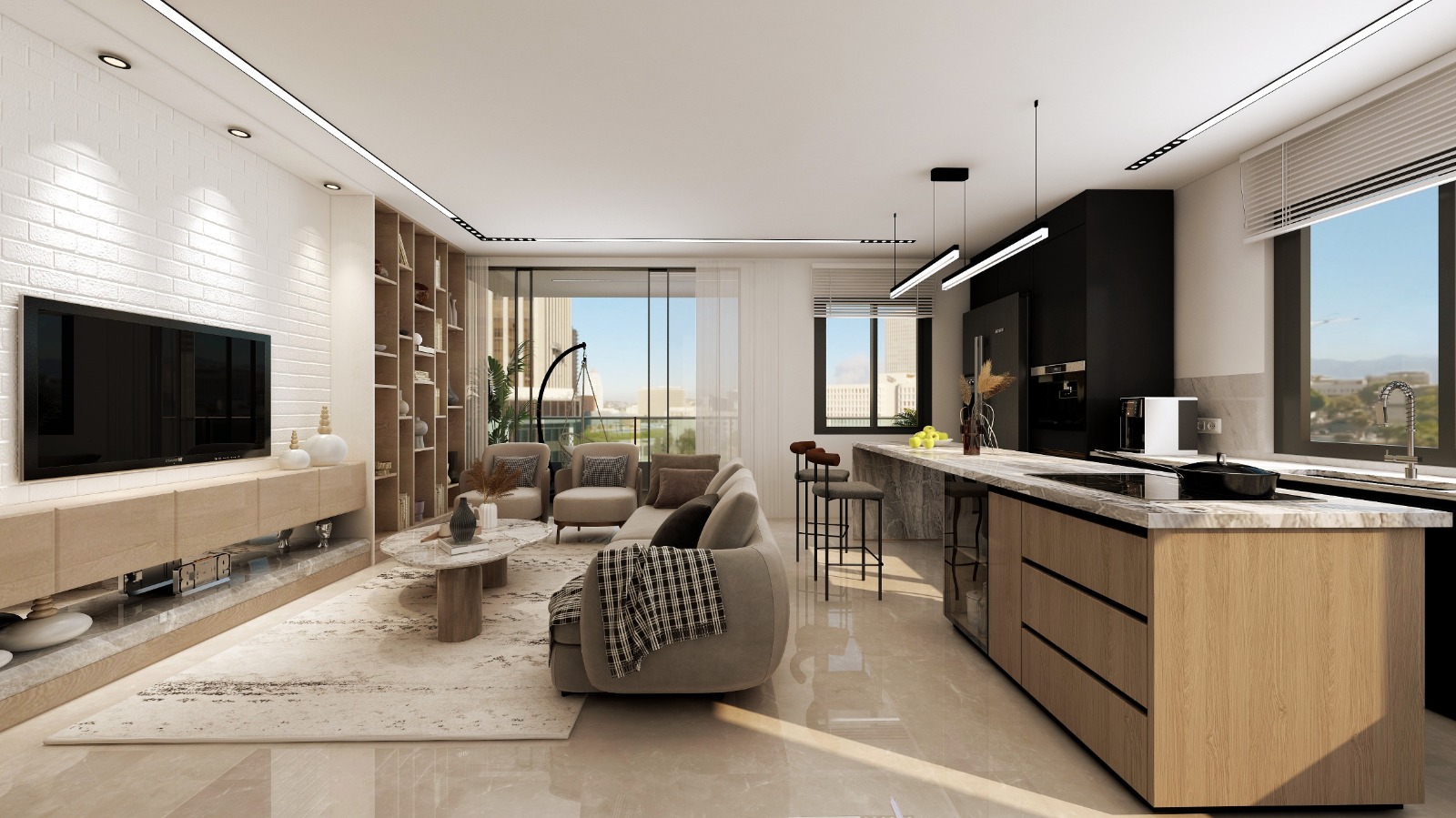Séjour lumineux avec cuisine ouverte et grand îlot en marbre, appartement neuf du programme Mohliver à Holon