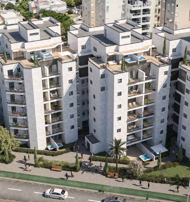 Vue aérienne des trois immeubles du programme neuf Neve Haksamim à Holon avec terrasses sur les toits