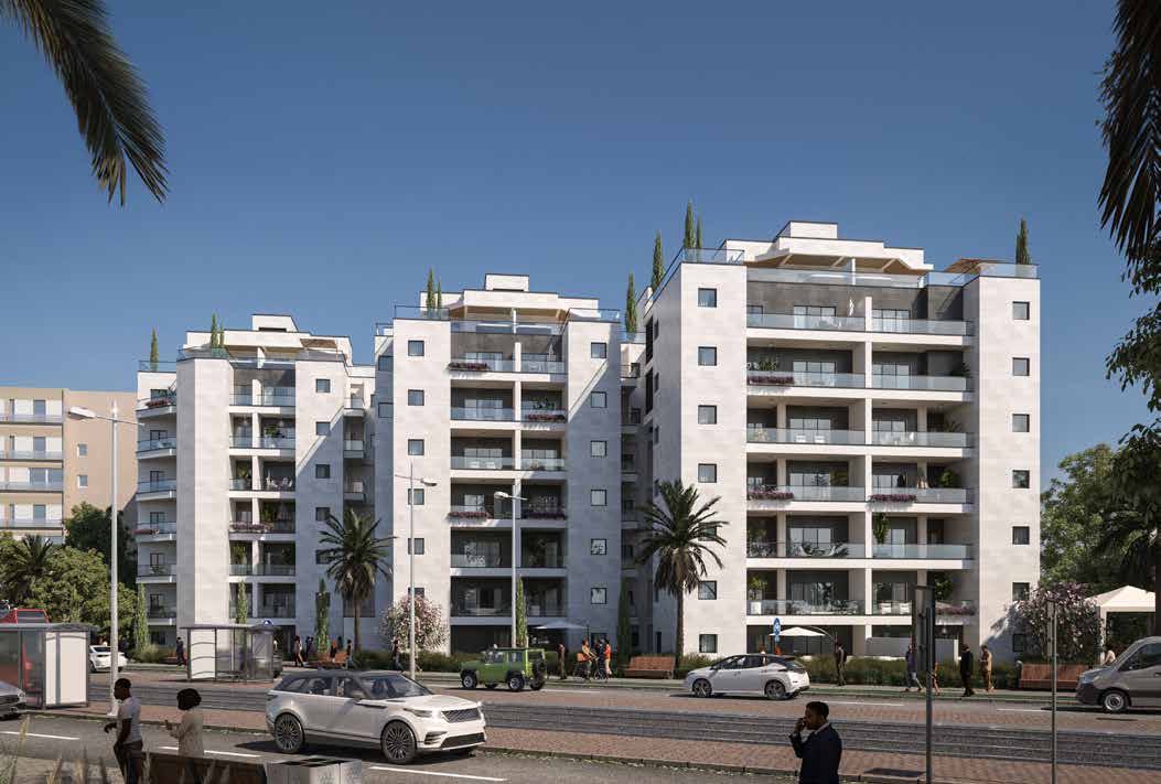 Rendu 3D de la façade des trois immeubles neufs du programme Neve Haksamim à Holon