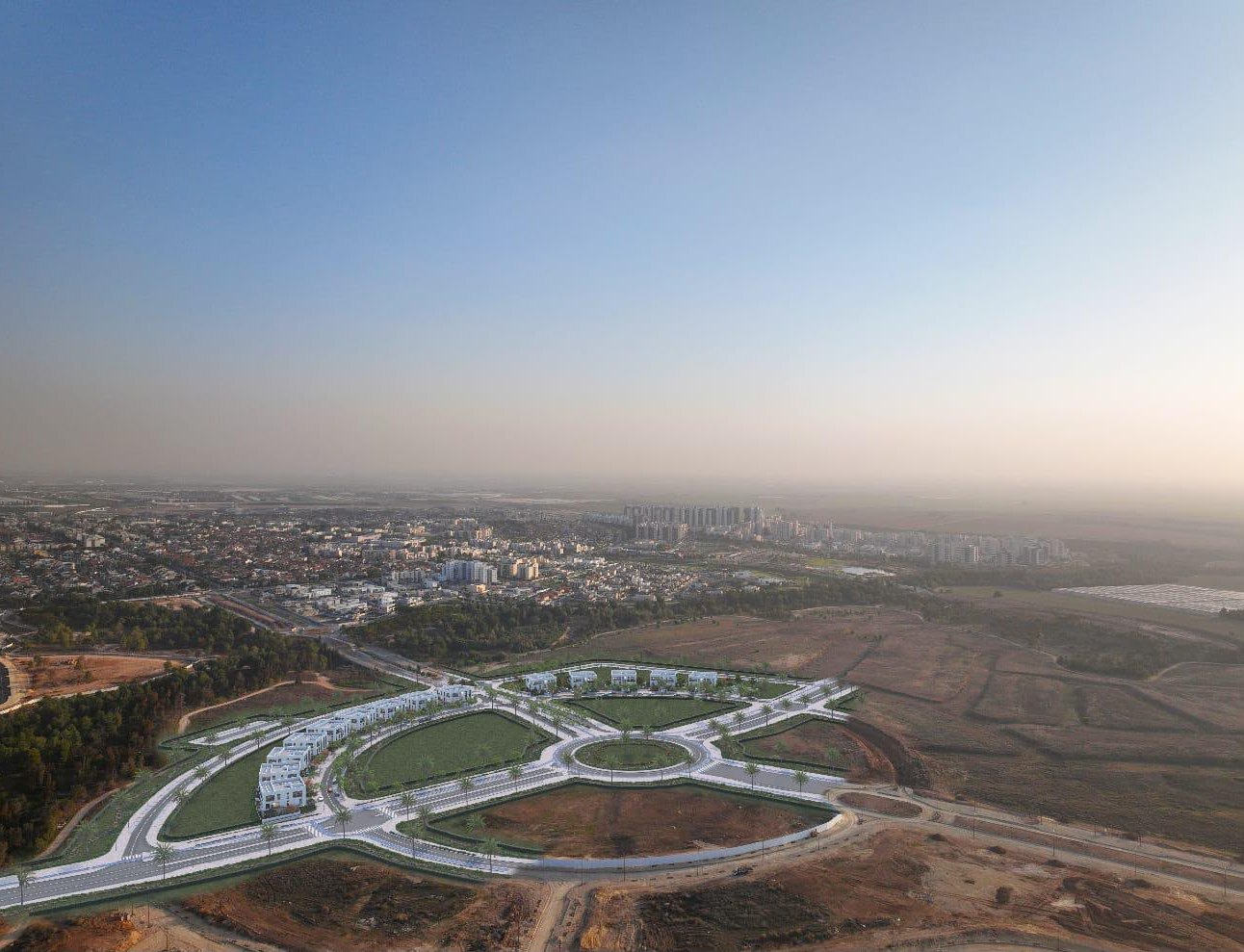 Vue aérienne du programme neuf Nof HaHoresh à Netivot, en lisière de forêt et d'espaces verts