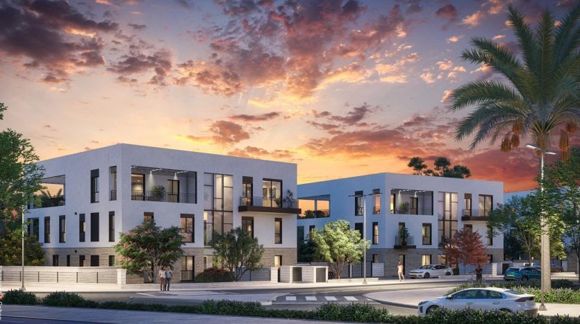 Rendu 3D au crepuscule de deux immeubles neufs du programme Nof HaHoresh a Netivot