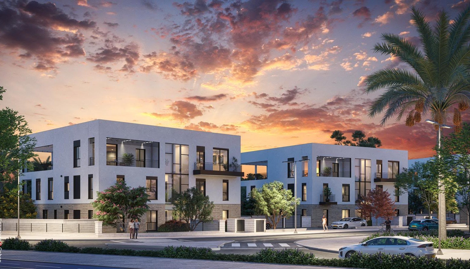 Rendu 3D au crépuscule de deux immeubles neufs du programme Nof HaHoresh à Netivot