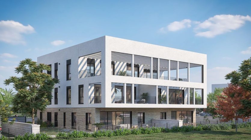 Rendu 3D d un immeuble neuf de trois etages avec penthouse et terrasse, programme Nof HaHoresh a Netivot