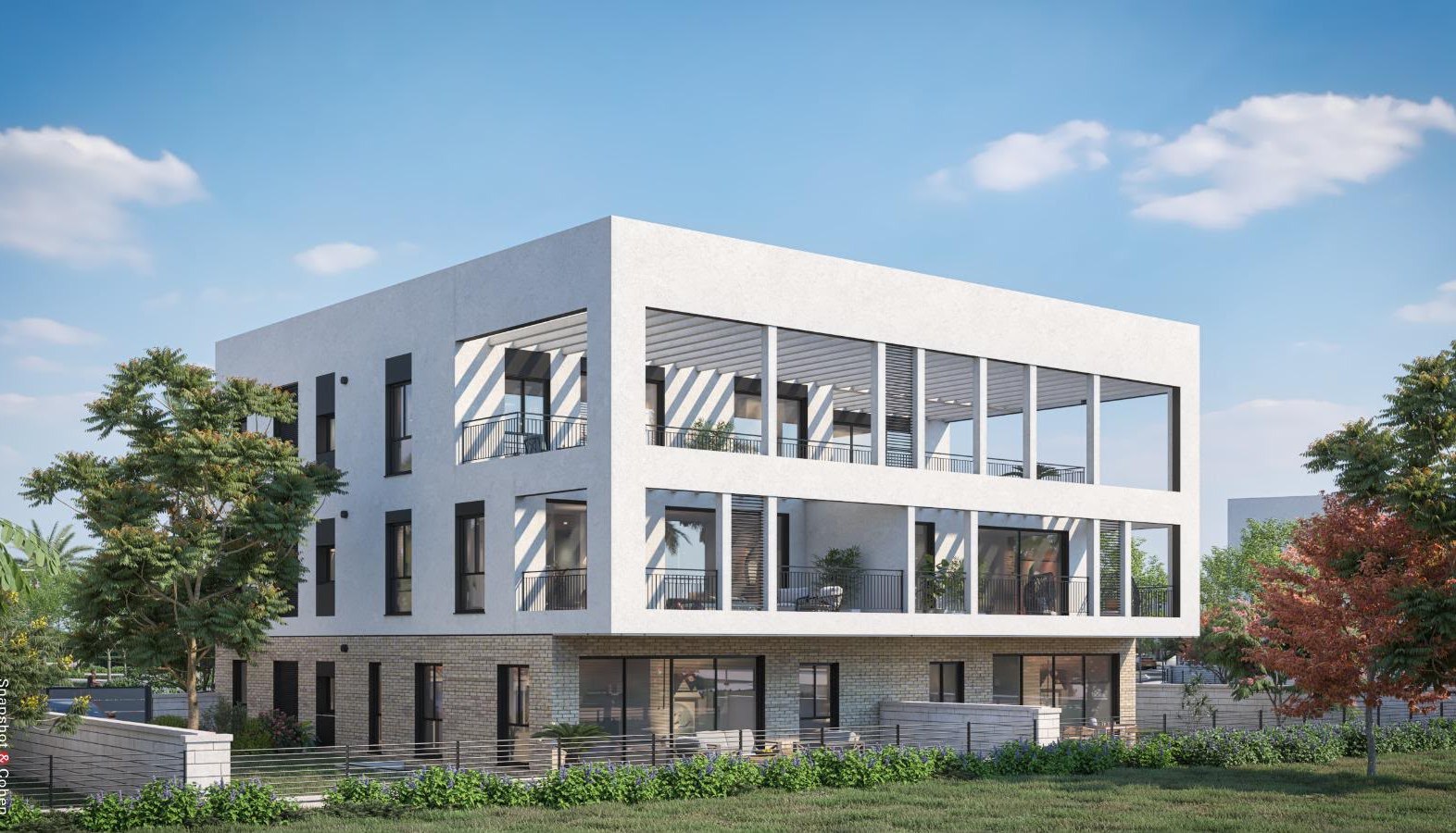 Rendu 3D d'un immeuble neuf de trois étages avec penthouse et terrasse, programme Nof HaHoresh à Netivot