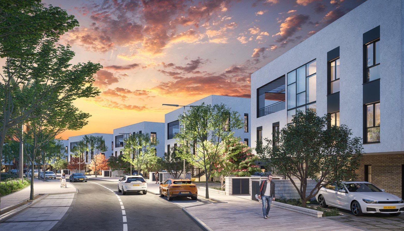 Rendu 3D au crépuscule d'une rue du programme neuf Nof HaHoresh à Netivot, immeubles bas de standing