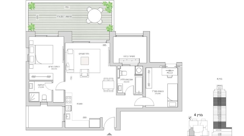 Plan d un appartement neuf 3 pieces 80 m2 avec terrasse de 20 m2, programme Garden Towers a Bat Yam