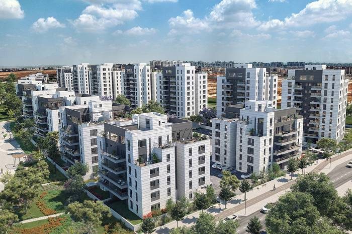 Vue aerienne de la residence neuve Reisdor a Netivot, ensemble d immeubles et espaces verts