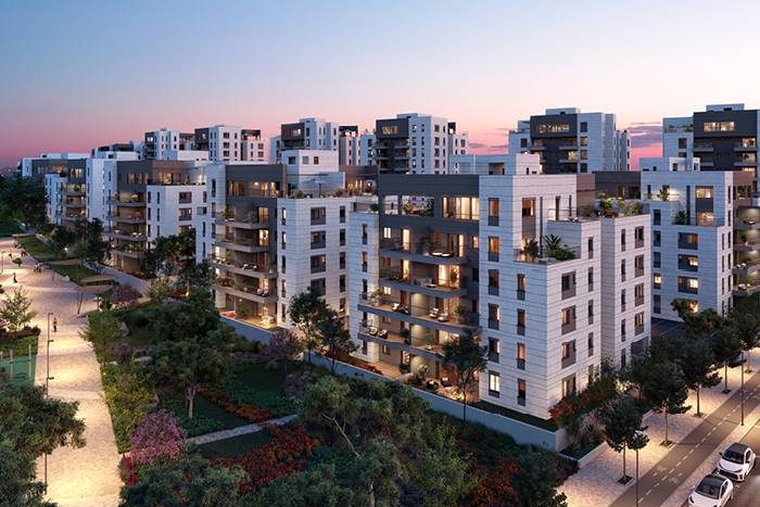 Rendu 3D au crepuscule de la residence neuve Reisdor a Netivot, immeubles illumines et parc paysager