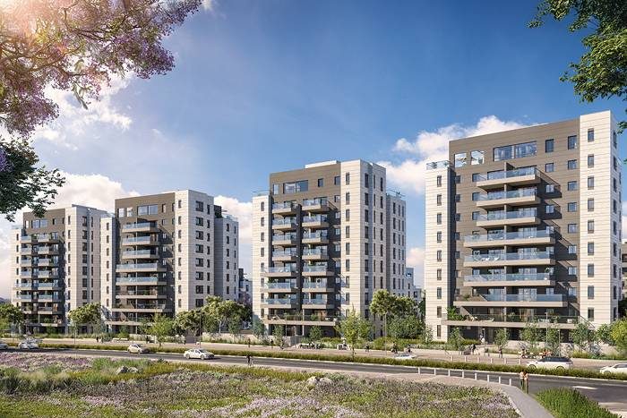 Rendu 3D de jour de quatre immeubles neufs de la residence Reisdor a Netivot, quartier Maalot HaNachal