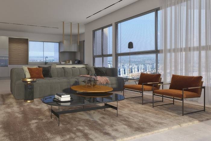 Sejour lumineux avec cuisine ouverte et grande baie vitree, appartement neuf Reisdor a Netivot