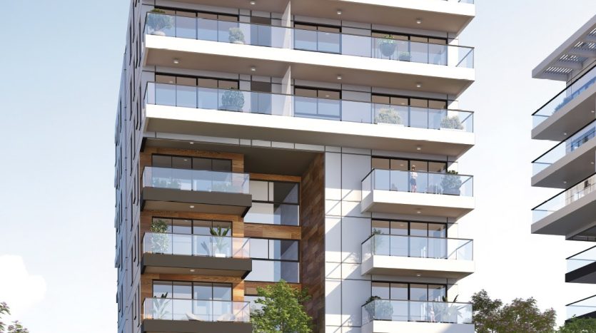 Rendu 3D de la facade du programme neuf Nehemia 17 a Herzliya, immeuble de 8 etages avec balcons