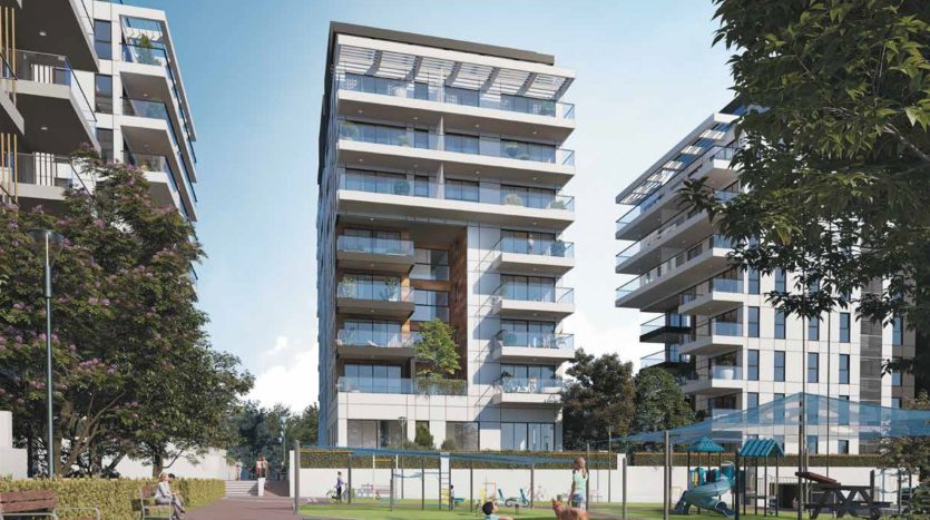 Rendu 3D de l immeuble neuf Nehemia 17 a Herzliya, facade sur parc arbore avec aire de jeux