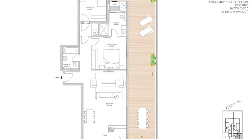 Plan de l appartement-jardin en rez-de-chaussee, 91 m2 plus jardin privatif de 56 m2, Nehemia 17 a Herzliya