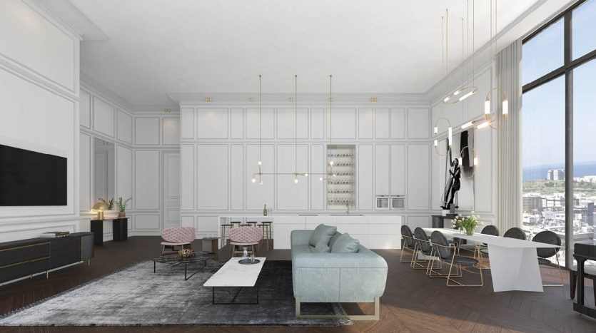 Grand salon de standing avec boiseries et vue degagee, appartement neuf Nehemia 17 a Herzliya