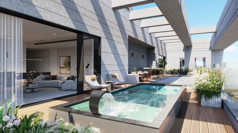 Terrasse sur le toit avec piscine, pergola et cuisine d ete du programme STORY a Netanya