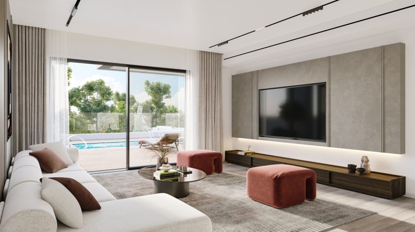 Salon design ouvert sur la terrasse et la piscine, appartement neuf du programme STORY a Netanya