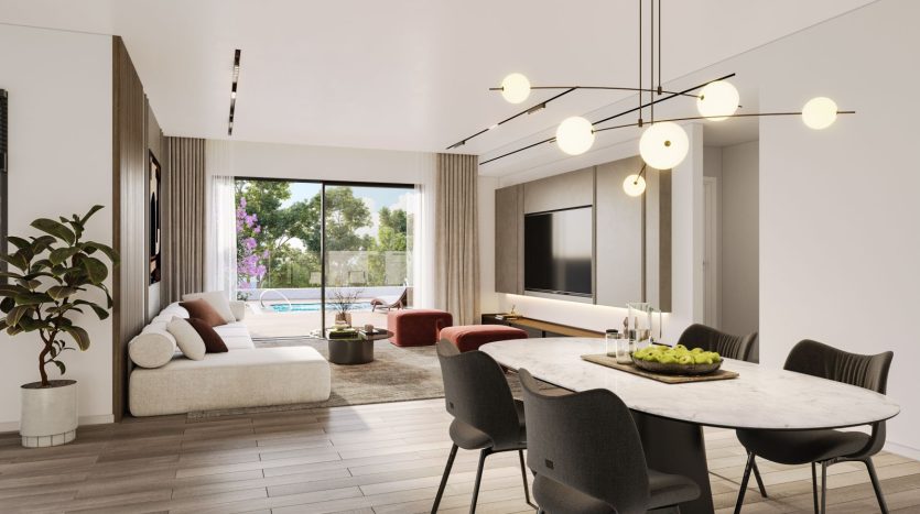 Salle a manger et sejour ouverts sur la terrasse et la piscine, appartement neuf STORY a Netanya