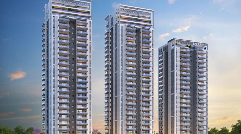 Rendu 3D des trois tours du programme neuf STORY a Netanya au crepuscule