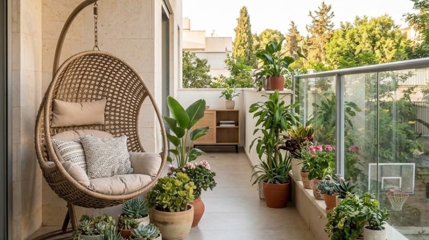 Grand balcon vegetalise d un appartement a Givatayim, rue Jabotinsky