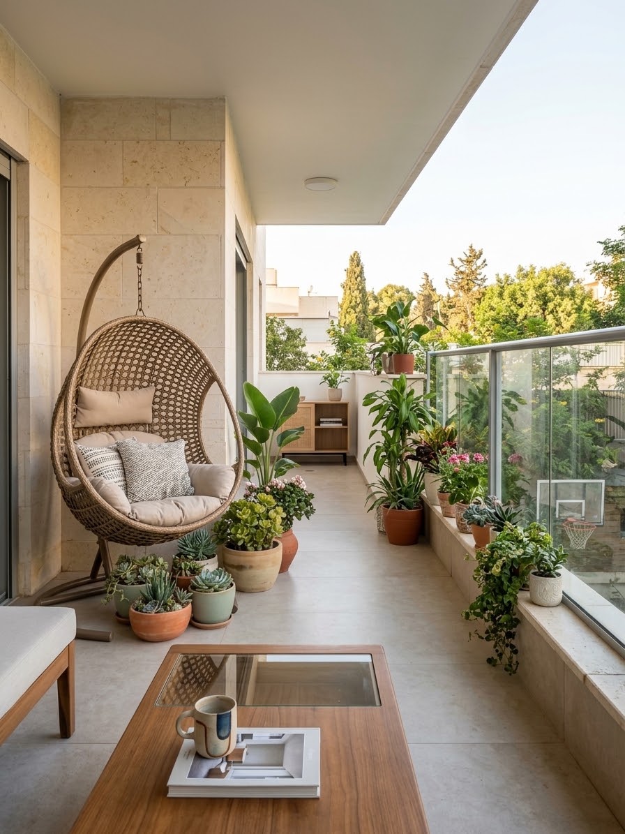 Grand balcon végétalisé d'un appartement à Givatayim, rue Jabotinsky