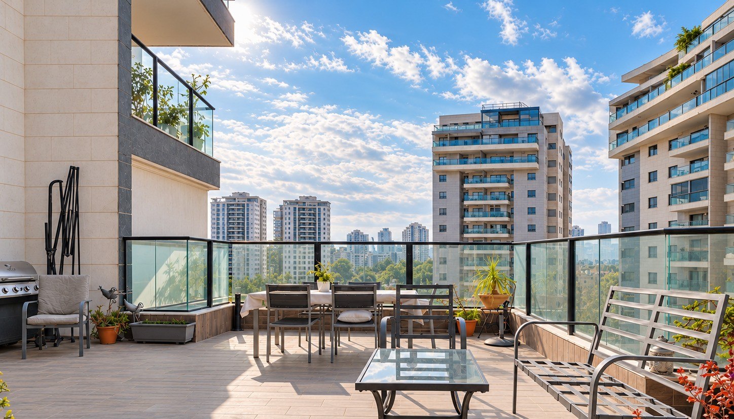 Terrasse ouverte avec coin barbecue et vue sur la ville, appartement à Rishon LeTsion